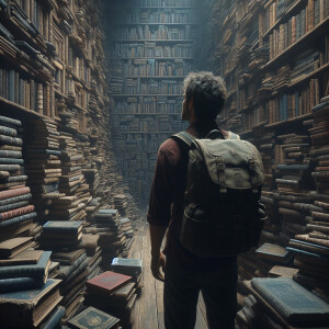 A man with a backpack is standing in an old gloomy room with boo...