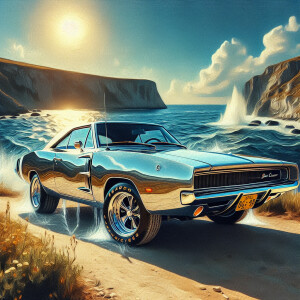 A liquid silver 1969 dodgecharger,  highlyreflectedsurfaces, dri...