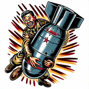 Wwii cartoon character straddling a bomb crashing toward earth i...