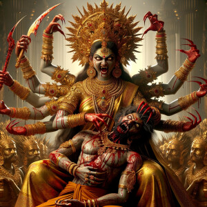 portrait of angry looking, four-armed indian goddess sitting on...