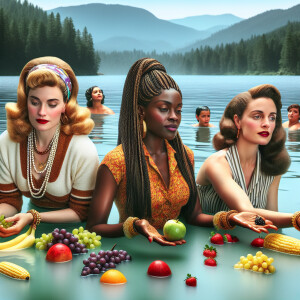 Generate a still from a campy 1972 B-movie. In the scene, three...