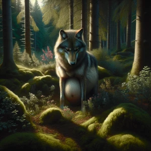 Create a scene featuring a highly realistic pregnant wolf