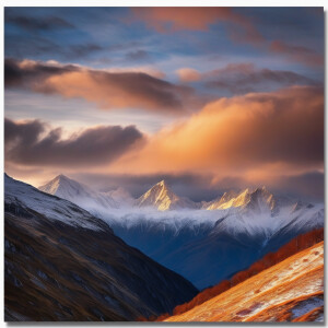 Snowy mountains in sunset