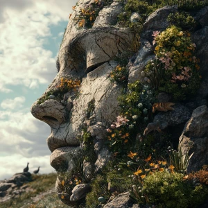 Generate an 8K UHD 3D image of a human face integrated into a Rocky Mountain landscape, with local wildlife and plants intricately forming the features of the face, ensuring a seamless and photorealistic result that merges human and nature elements cohesively.