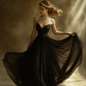 A poised woman adorned in a floor-length, black evening gown wit...