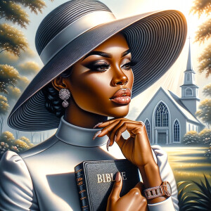 Render an airbrush oil painting of an African American woman with flawless makeup in a
contemplative pose, holding a Bible close to her heart, dressed in an elegant Sunday Best
outfit with a distinctive Church Hat. The background features a peaceful church garden,
with light filtering through the trees, highlighting her spiritual connection and the personal
moment of reflection. The artwork should capture the tranquility of the scene, the beauty
of her attire, and the depth of her contemplation, reflecting a serene and spiritually