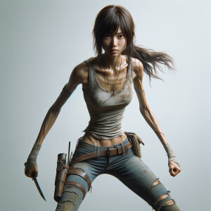 Skinny and thin Asian teen girl wearing skin tight jeans that are worn and frayed, long hair and bangs heroic ready to fight stance