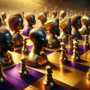 3-D realistic oil, painting, Oh a gold, and purple human chessbo...