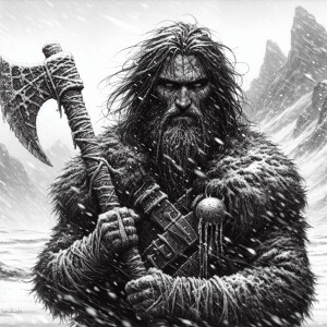 a black-haired Viking barbarian, evil and scarred face, with an...