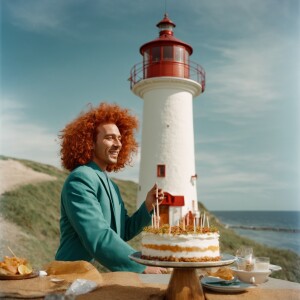 A man celebrating his birthday with a lighthouse ginger Haired f...