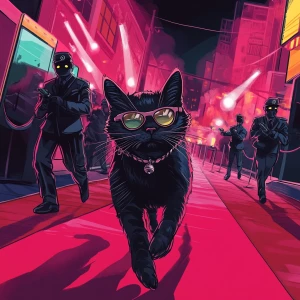 A fashion-forward black cat racing through a red-carpet event, d...