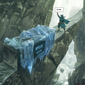 : in the foreground an enormous video card engraved with the tex...