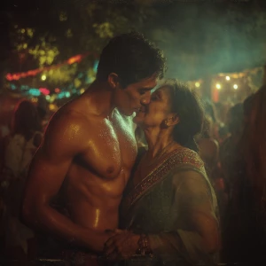 a muscular, sweaty Indian man standing in a corner of a garden w...