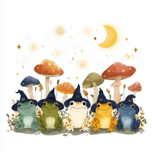 /imagine prompt: five wise cartoon frogs in wizard hats sitting...