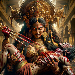 portrait of angry looking goddess durga slaying a weak mahishasur by carrying him in her arms and stabbing him with her amazingly long red fingernails. She is wearing gold armor, a huge gold crown, gold saree, abundant  gold jewelry, covered in blood. The scene is set in ancient India. The image is 8K resolution, cinematic, ultra detailed face and epic.