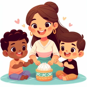 An animated scene depicting a loving mother with her two young s...