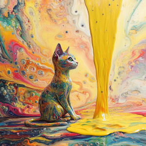Create a surrealist painting featuring a Cat in a multi coloured...