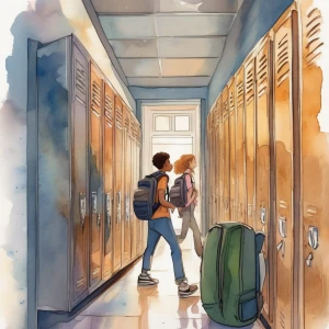 **Visual Description**:  
- A cartoon-style school hallway with...