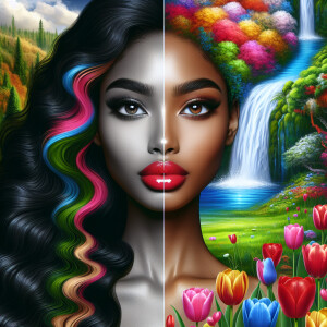 Create a digital artwork showing a half-portrait of a light-skin...