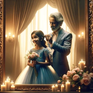 "A touching, cinematic scene showing a father gently fixing his...