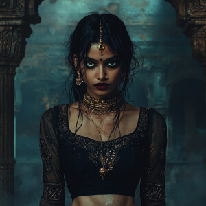 An Indian female vampire, with Goth-inspired aesthetic, set agai...