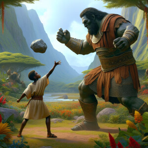 A realistic digital painting of the biblical scene with both Dav...