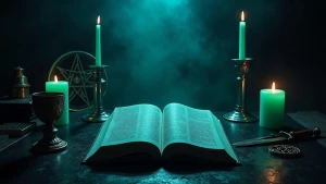 Create an image of a sinister, dimly lit altar dedicated to the...