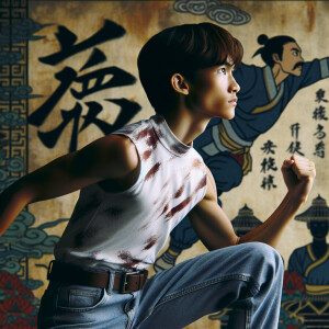 Very thin Athletic Thin skinny Attractive, Asian teenage girl, long brown hair and bangs, wearing tight skinny jeans and a halter top paint marks on her clothing, sitting side view heroic pose Asian graffiti