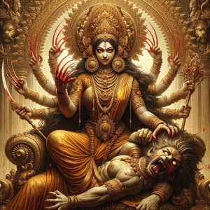 portrait of angry looking goddess durga sitting on a gold crown...