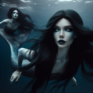 A mermaid with pale skin and cold eyes. Long dark hair. A big ta...