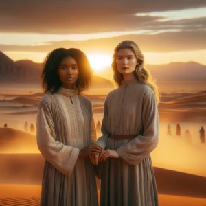 Two women, depicted in a state of serene vulnerability and quiet...