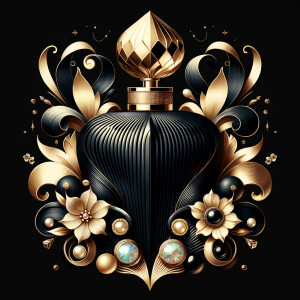 Design a fancy, black and gold bottle of perfume in the shape of a woman’s body. With a golden diamond top, flowers pearls and Diamonds in the name, Karen