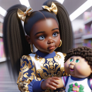 Create a 3-D image of an african-American little girl inside of a medium size, toy store. The little girl has thick long, ponytails and huge blue eyes. She has on a gold and blue jumpsuit with matching bows, She is playing with her favorite african-American cabbage patch doll, the doll has deep, dimples, and freckles and looks just like her