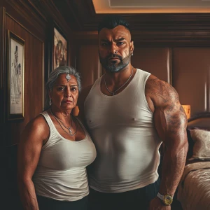 realism art style 1:1 .A sweaty man standing  with his 54 year o...