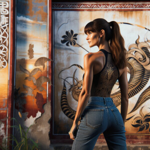 Athletic Thin skinny Attractive, Asian teenage girl, long brown hair and bangs, wearing tight skinny jeans and a halter top paint marks on her clothing, heroic pose Asian graffiti background,  backside view