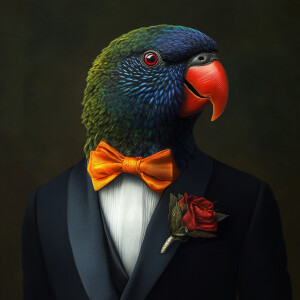 Photorealistic image. Lorikeet bird in a tuxedo