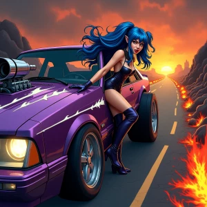 Gritty, high-contrast digital art in the style of a comic book illustration. A stunning, blue-haired demoness leans out the window of a modified 1992 Ford mustang , her wild locks billowing in the wind. The car is a hot rod masterpiece, with a supercharger protruding through the hood scoop, oversized wheels, and a sleek, glossy purple glitter  metallic paint job adorned with flaming white pinstripes. The demoness is a vision of sensuality, with smoldering eyes, luscious lips, and a mischievous grin. She's dressed in a skin-tight, flame-patterned bodysuit that leaves little to the imagination, complete with thigh-high boots and fingerless gloves. The road stretches out before her, a hellish landscape of volcanic rocks and roaring flames that line the sides and center divider, casting an ominous, fiery glow over the scene. Medium close-up, low angle shot from the side, capturing the demoness and her hot rod in all