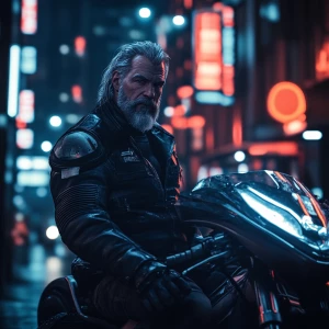 In the heart of a futuristic city, illuminated by neon reflectio...