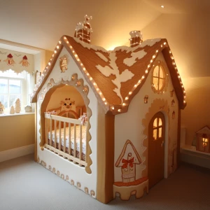 Create a gingerhouse themed baby room, cute, warm, whimsical, ma...