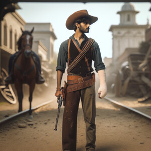 An old west cowboy standing in the middle of the road, in the m...