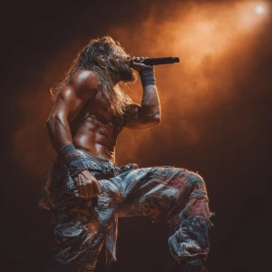 A rock singer on stage bodybuilder muscle long hair beard funky...