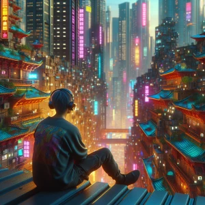 A photograph of a person with earphones sitting of a rooftop, fu...