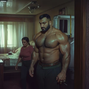 Realism,photo,a muscular, sweaty man entering a New York hotel r...