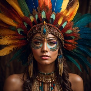 Young woman adorned in a richly decorated headdress, featuring a...