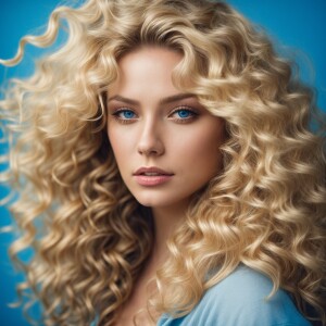 Gorgeous young woman, long blonde hair with spiraling curls, blu...