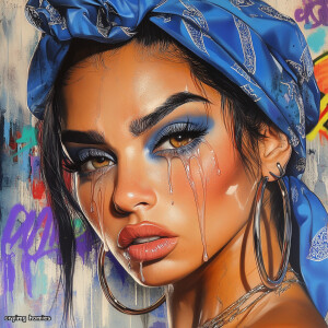 Create an image featuring a Latina woman with a " crying" makeup...