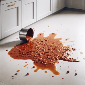 Create an image with a solid gray kitchen floor with chili spill...