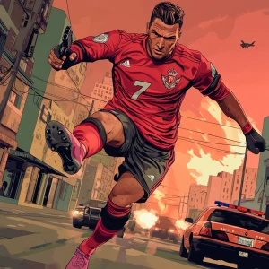 A muscular male soccer player with short, dark hair, wearing a r...