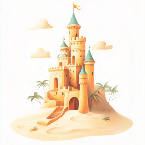 Create a playful vibrant and whimsical sandcastle illustration w...