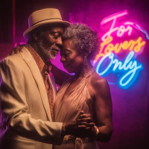 beautiful Jamaican elderly couple dancing romantically in a neon...